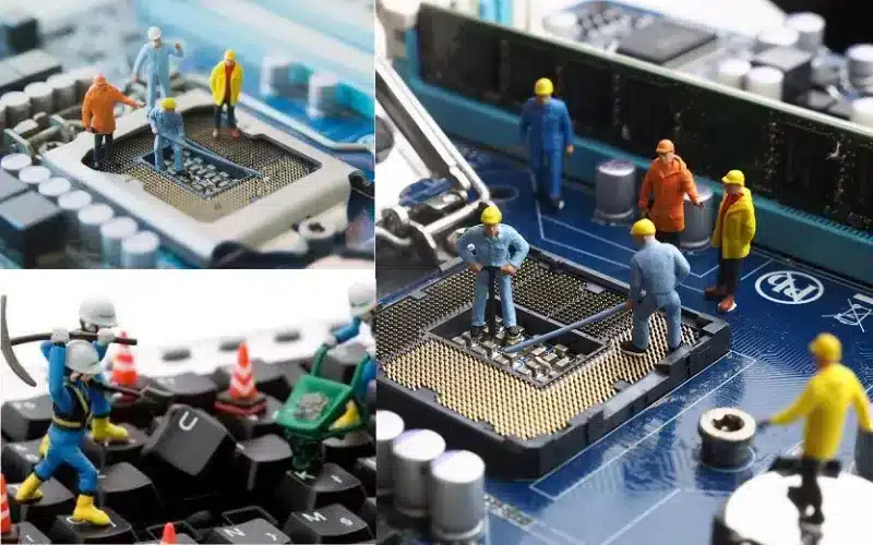 a group of miniature people working on a computer